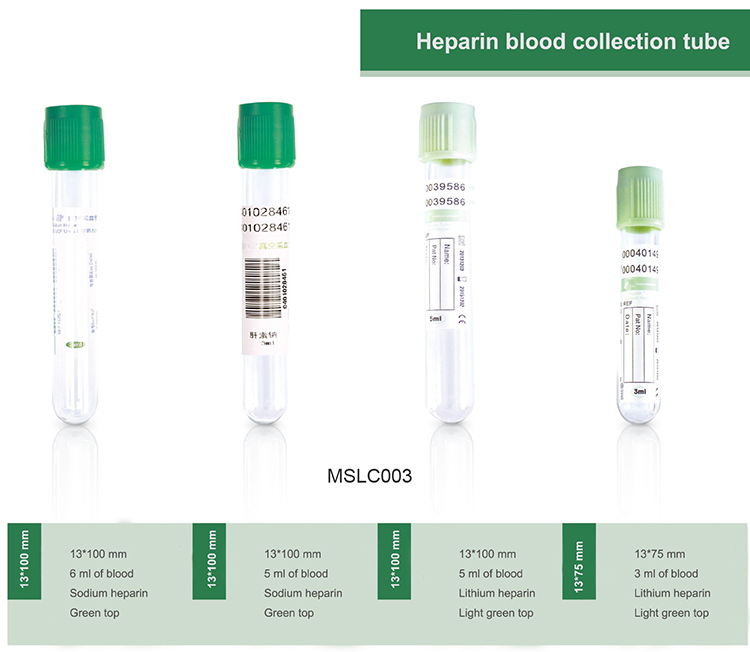 Tubo de colección de sangre al vacío con heparina sódica de 3 ml, 5 ml, 6 ml, tapa verde para prueba de hematocrito