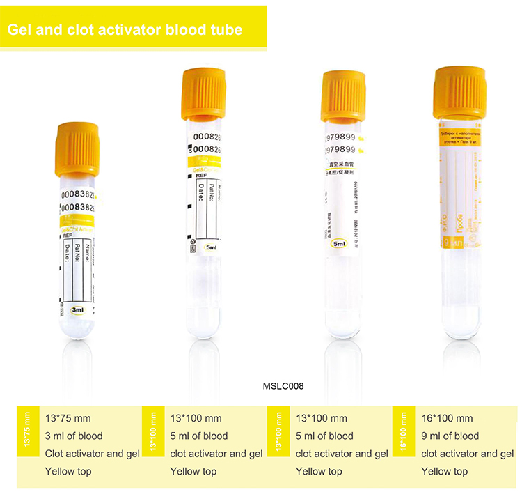 Tubo de recolección de sangre al vacío con gel separador de suero y plasma de 3 ml, 5 ml, 9 ml y activador de coágulos, tapa amarilla