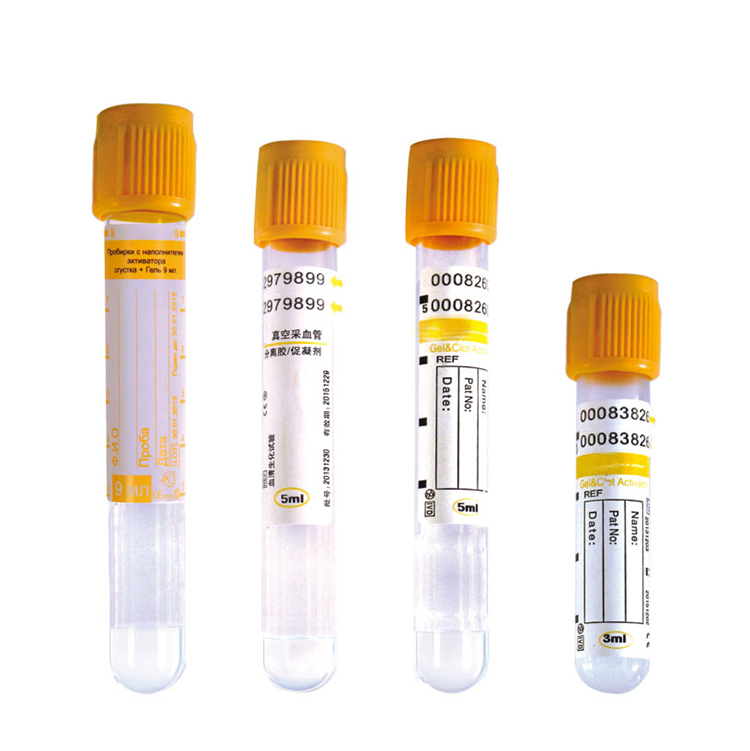 Tubo de recolección de sangre al vacío con gel separador de suero y plasma de 3 ml, 5 ml, 9 ml y activador de coágulos, tapa amarilla