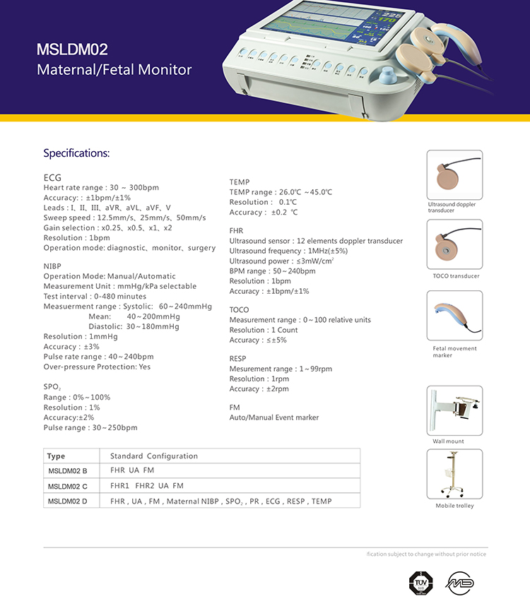 12.1 Pulgadas Pantalla Táctil TFT Impermeable Bebé Frecuencia Cardíaca Fhr/ Ua/ Fm Máquina de Monitoreo Materno Fetal de CTG Diagnóstico