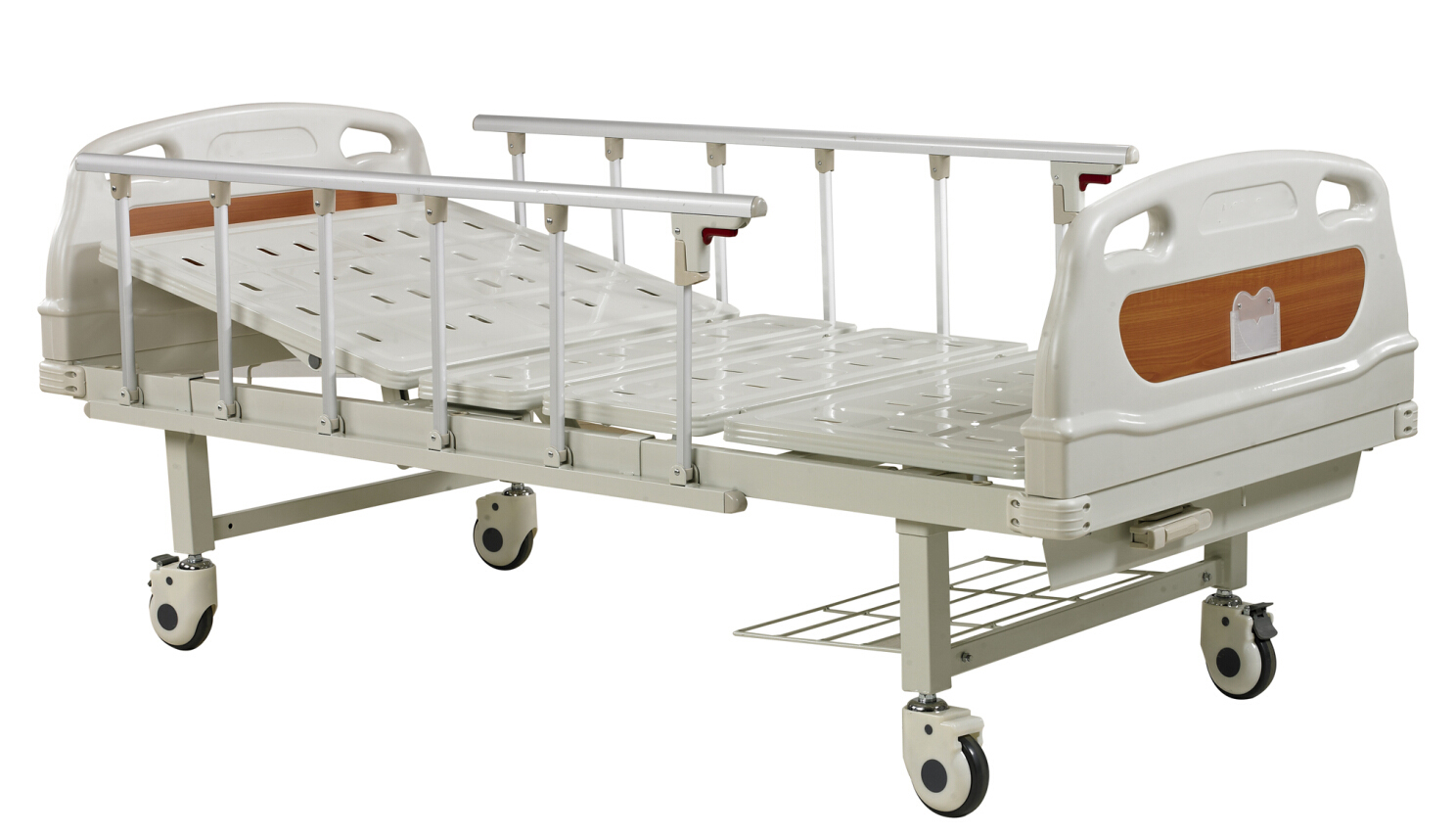 Cama de hospital de manivela simple manual de alta calidad con cabecero de ABS y ruedas