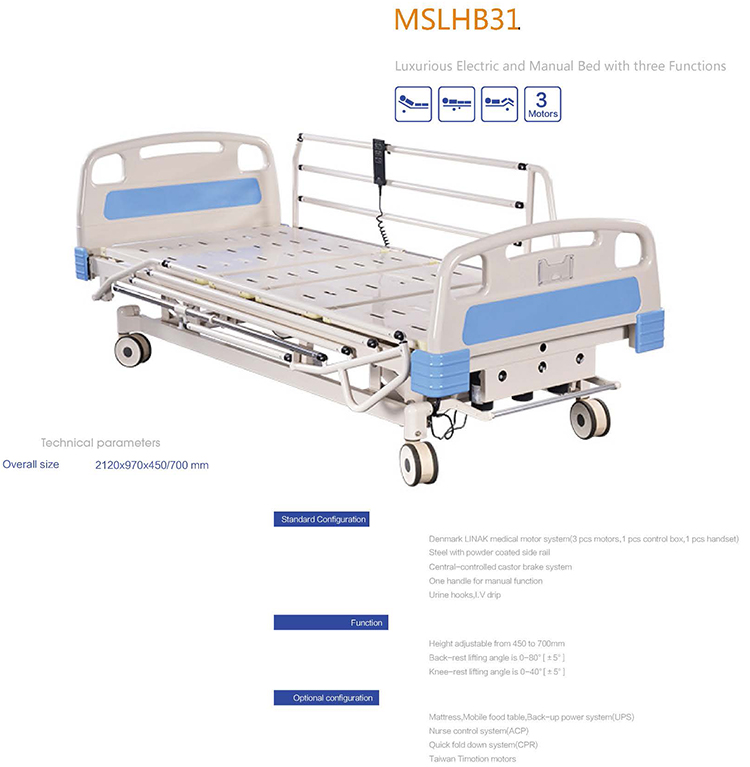 Cama de hospital manual de tres funciones de muebles de hospital baratos para UCI Clínica Cama de hospital eléctrica médica Cama de hospital de enfermería